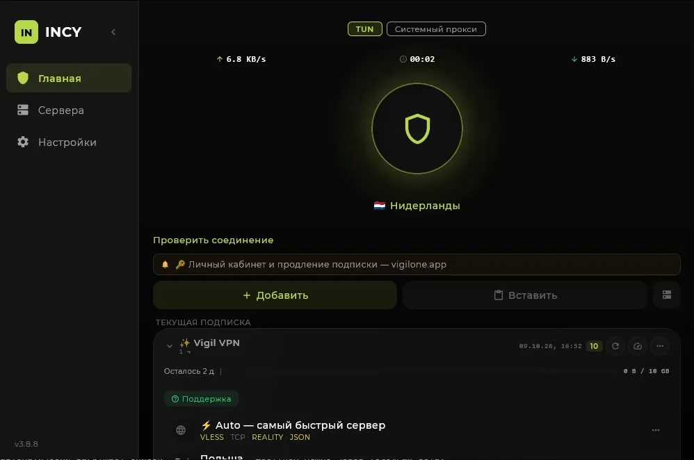 INCY на Windows подключён: режим TUN, зелёный щит, сервер Нидерланды