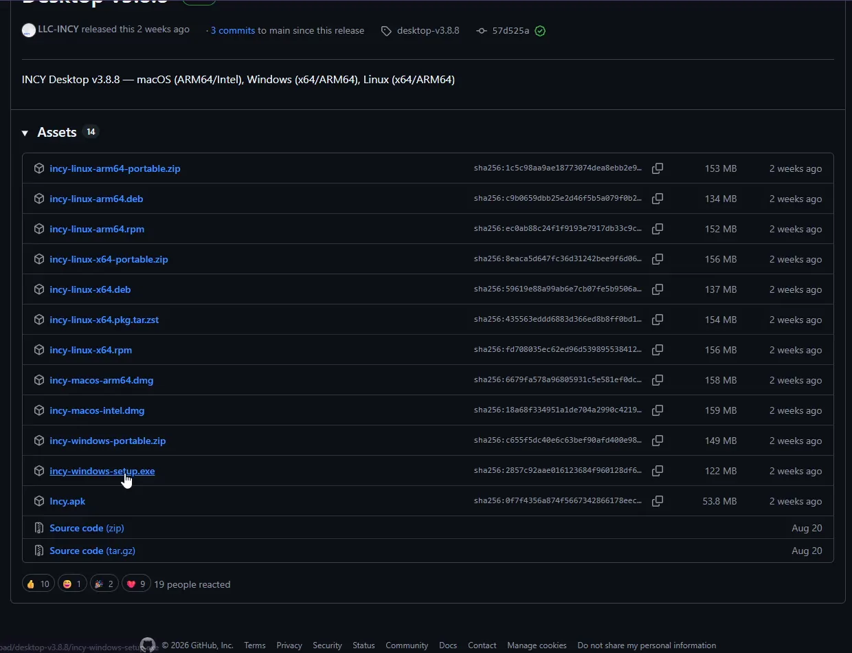 Список Assets в релизе INCY на GitHub: курсор на файле incy-windows-setup.exe